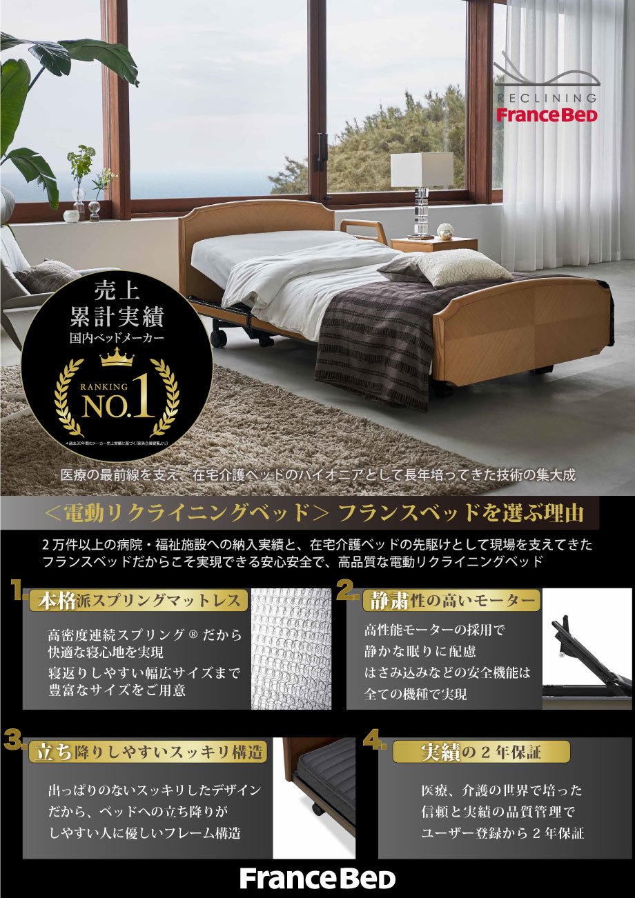 2万件以上の病院・福祉施設への納入実績と、在宅介護ベッドの先駆けとして現場を支えてきたフランスベッドだからこそ実現できる安心安全で高品質な電動リクライニングベッドです。